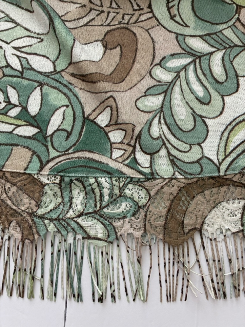 Alfred Dunner Boho Embellished Green and Brown Swirl Patterned Fringe Hem Blouse - Picture 5 of 9
